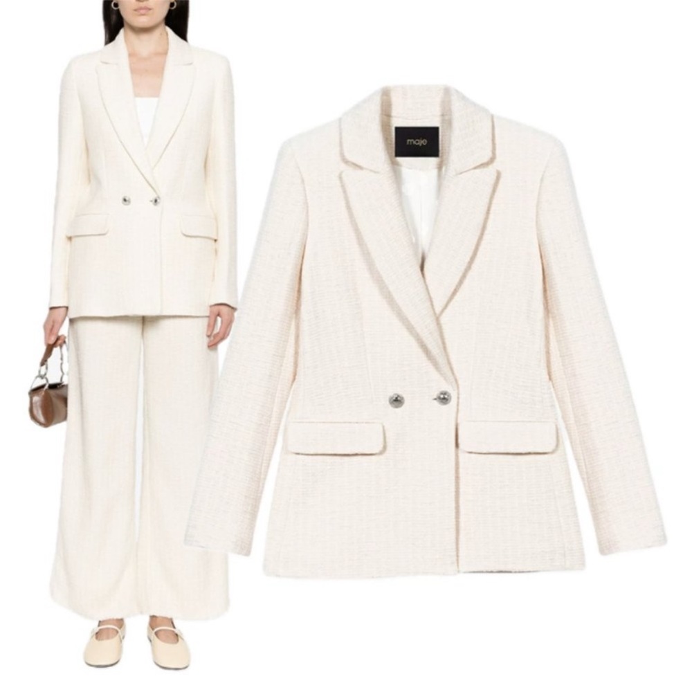 MAJE Vileno Double-Breasted Fitted Tweed Blazer